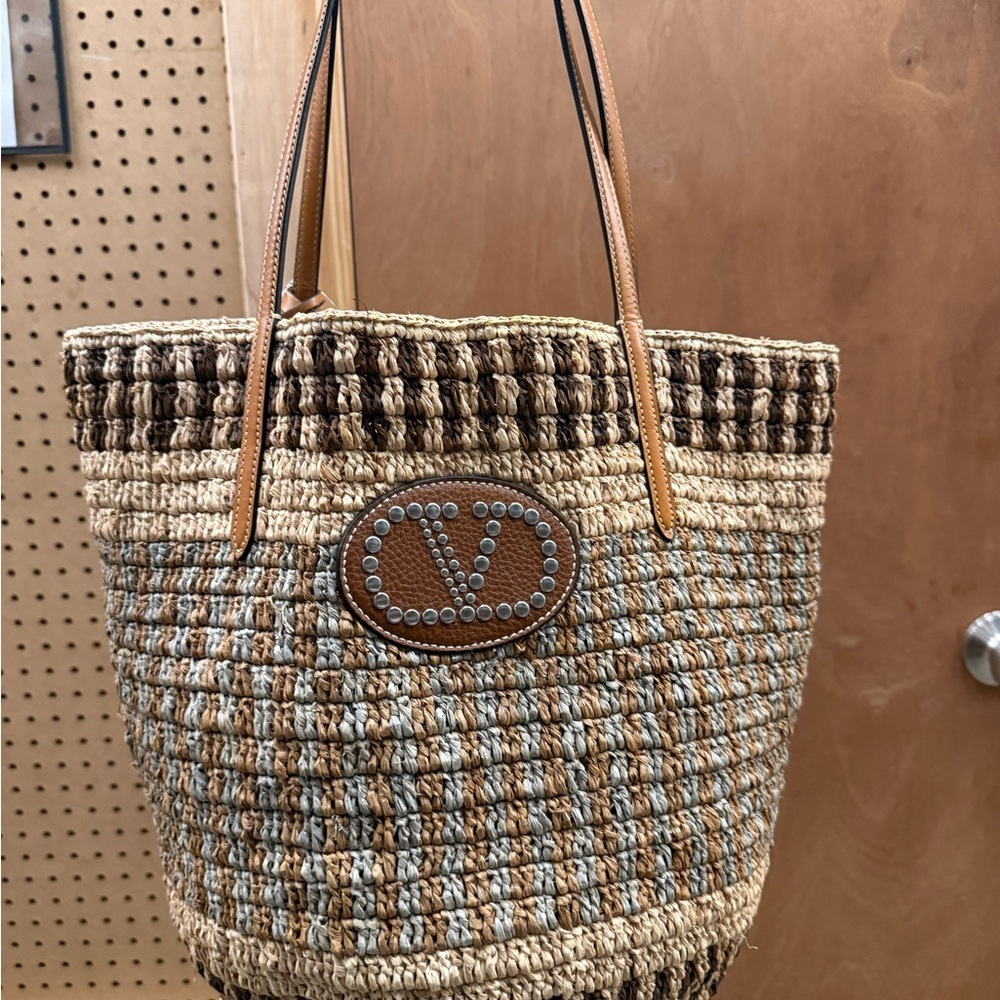 Valentino Woven Tote in Brown and Cream